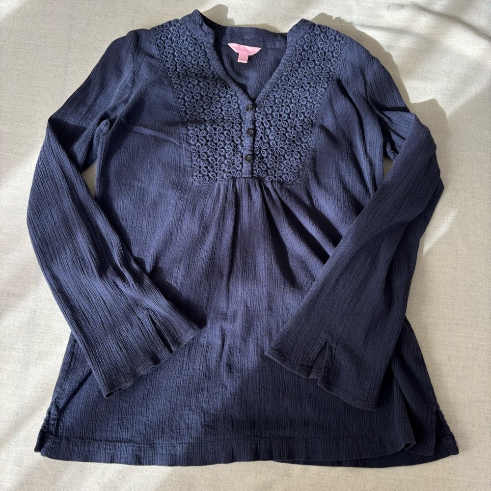 Lilly Pulitzer Lace Detail Navy Blouse, V-Neck Long Sleeve Top, S | Boho Chic